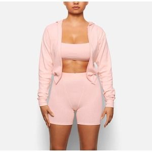 Skims Logo Pointelle Zip Hoodie in Quartz Size Small